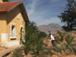 Project director Peter Christensen levels the FARO Focus3D scanner in Demiryurt. This site, no longer in use by the TCDD (Turkish railways), proved challenging due to unsteady terrain and heavy brush.